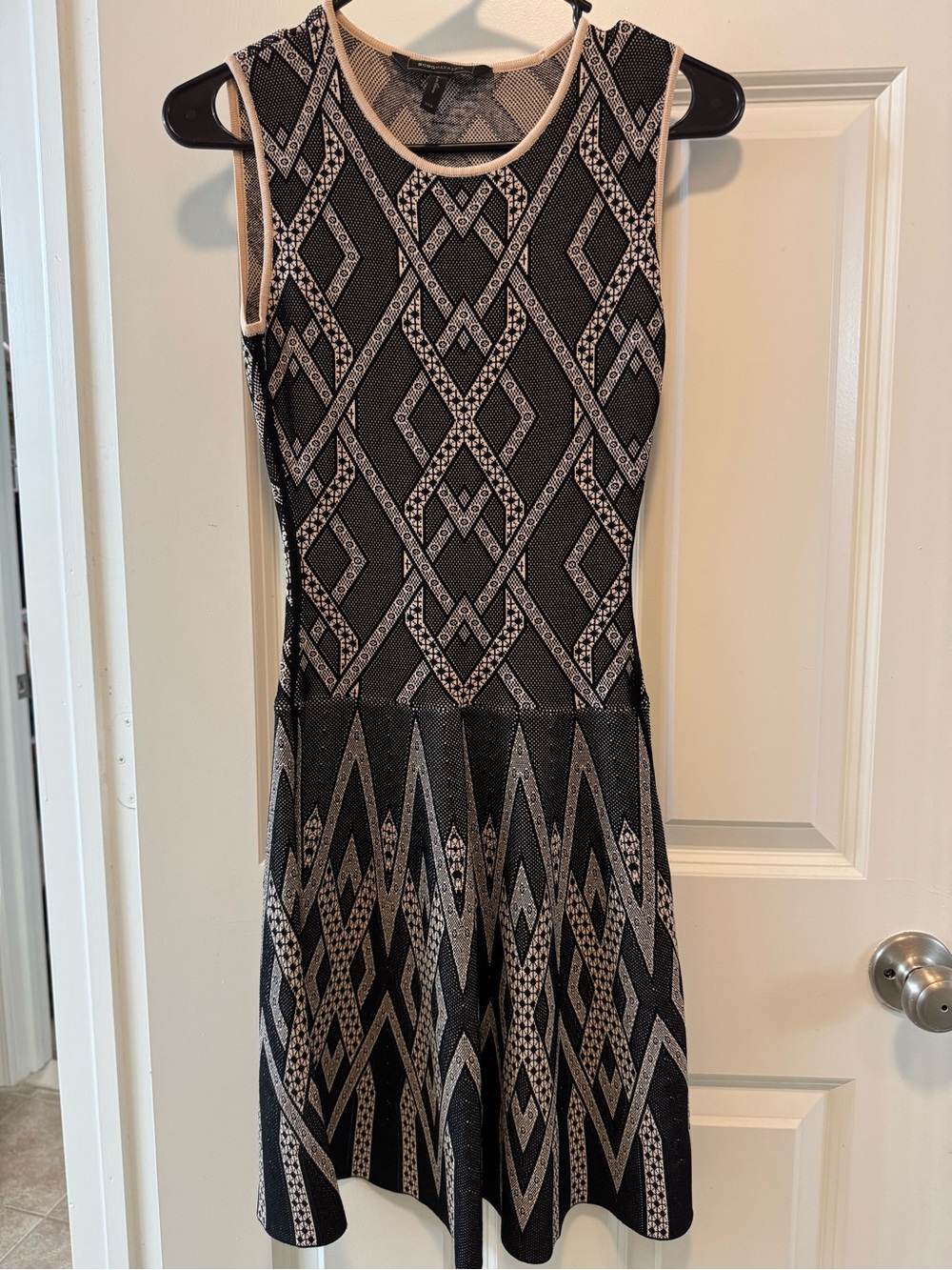 BCBGMaxAzria Black and Beige Geometric Knit Mini Skater Dress